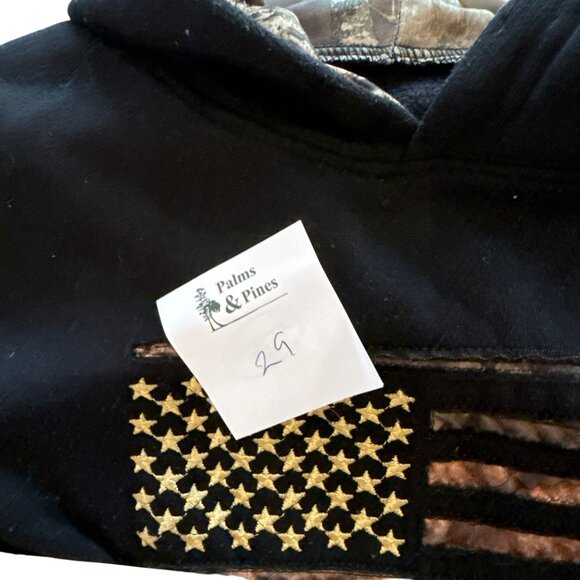 Mossy Oak Hoodie Medium Black Camo Hood American Flag Pullover Sweatshirt Sz M - Picture 6 of 10